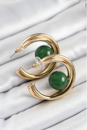 Pirinç Gold Renk Halka Model Yeşil Boncuk Detay Kadın Küpe Pirinç Gold Renk Halka Model Yeşil Boncuk Detay Kadın Küpe