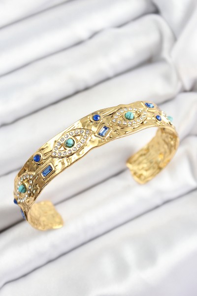 Pirinç Zirkon Taşlı Mavi Boncuklu Göz Model Gold Renk Altı Açık Kadın Bileklik Pirinç Zirkon Taşlı Mavi Boncuklu Göz Model Gold Renk Altı Açık Kadın Bileklik