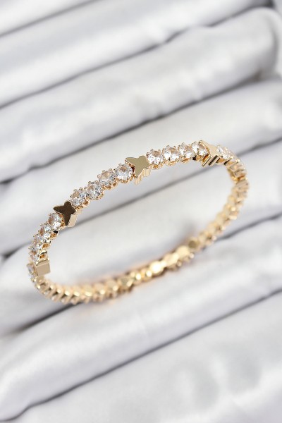 Pirinç Zirkon Taşlı Kelebek Model Gold Renk Yaylı Kadın Bileklik Pirinç Zirkon Taşlı Kelebek Model Gold Renk Yaylı Kadın Bileklik