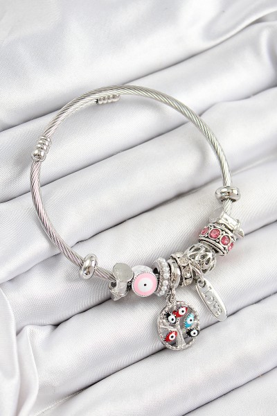 316l çelik Pembe Nazarlı Zirkon Taşlı İnci Detaylı Hayat Ağacı Model Gümüş Renk Charm Bileklik