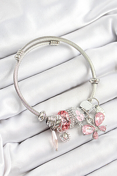 316l çelik Pembe Zirkon Taşlı Kelebek Model Gümüş Renk Charm Bileklik 316l çelik Pembe Zirkon Taşlı Kelebek Model Gümüş Renk Charm Bileklik