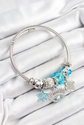 316l çelik Mavi Zirkon Taşlı Yıldız Göz Ve Yonca Model Gümüş Renk Charm Bileklik 316l çelik Mavi Zirkon Taşlı Yıldız Göz Ve Yonca Model Gümüş Renk Charm Bileklik