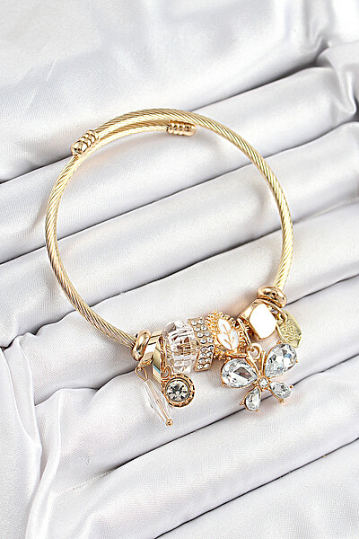 316l çelik Beyaz Zirkon Taşlı Kelebek Model Gold Renk Charm Bileklik