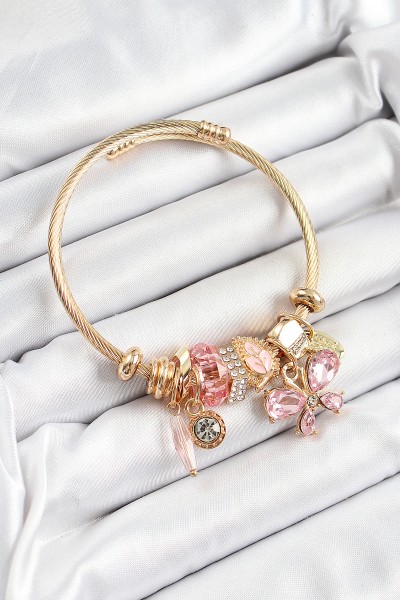 316l çelik Pembe Zirkon Taşlı Kelebek Model Gold Renk Charm Bileklik 316l çelik Pembe Zirkon Taşlı Kelebek Model Gold Renk Charm Bileklik