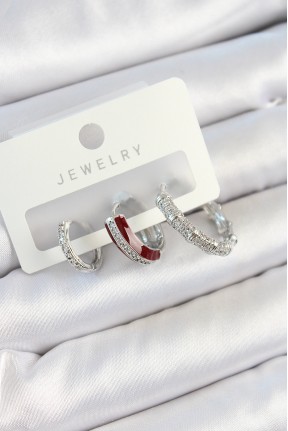 Pirinç Zirkon Taşlı Bordo Pembe Halka Model Gümüş Renk 3'lü çift Kadın Küpe Set Pirinç Zirkon Taşlı Bordo Pembe Halka Model Gümüş Renk 3'lü çift Kadın Küpe Set
