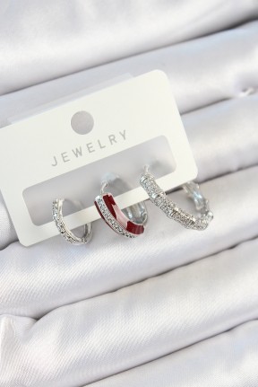 Pirinç Zirkon Taşlı Bordo Pembe Halka Model Gümüş Renk 3'lü çift Kadın Küpe Set Pirinç Zirkon Taşlı Bordo Pembe Halka Model Gümüş Renk 3'lü çift Kadın Küpe Set