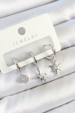 Pirinç Zirkon Taşlı Kutup Yıldızı Model Gümüş Renk 3'lü çift Kadın Küpe Set Pirinç Zirkon Taşlı Kutup Yıldızı Model Gümüş Renk 3'lü çift Kadın Küpe Set