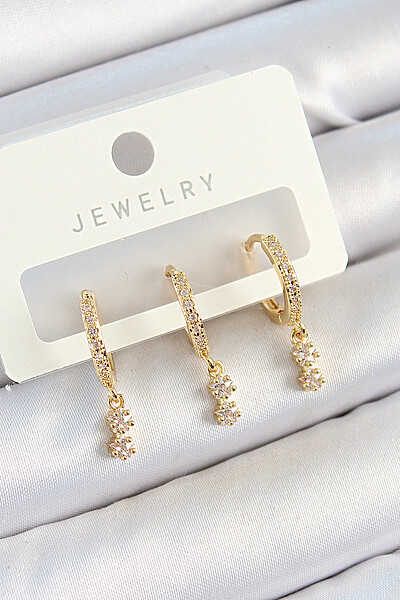 Pirinç Zirkon Taşlı Sallantılı Yıldız Model Gold Renk 3'lü çift Kadın Küpe Set Pirinç Zirkon Taşlı Sallantılı Yıldız Model Gold Renk 3'lü çift Kadın Küpe Set