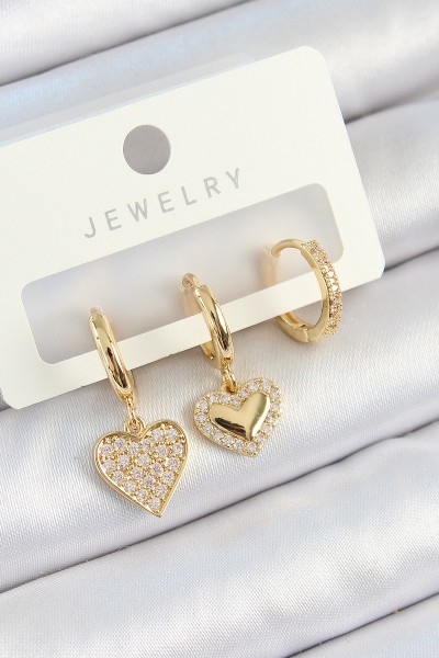 Pirinç Zirkon Taşlı Sallantılı Kalp Model Gold Renk 3'lü çift Kadın Küpe Set Pirinç Zirkon Taşlı Sallantılı Kalp Model Gold Renk 3'lü çift Kadın Küpe Set