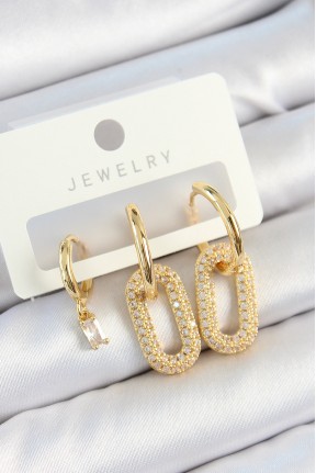 Pirinç Zirkon Taşlı Dikdörtgen Model Gold Renk 3'lü çift Kadın Küpe Set Pirinç Zirkon Taşlı Dikdörtgen Model Gold Renk 3'lü çift Kadın Küpe Set