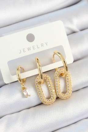 Pirinç Zirkon Taşlı Dikdörtgen Model Gold Renk 3'lü çift Kadın Küpe Set Pirinç Zirkon Taşlı Dikdörtgen Model Gold Renk 3'lü çift Kadın Küpe Set