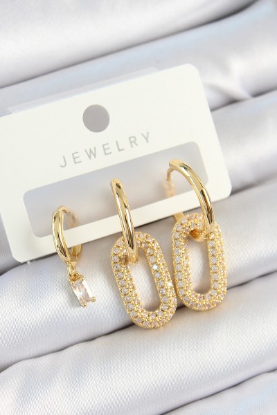 Pirinç Zirkon Taşlı Dikdörtgen Model Gold Renk 3'lü çift Kadın Küpe Set Pirinç Zirkon Taşlı Dikdörtgen Model Gold Renk 3'lü çift Kadın Küpe Set