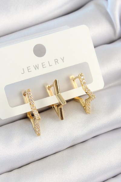 Pirinç Zirkon Taşlı Yıldız Model Gold Renk 3'lü çift Kadın Küpe Set Pirinç Zirkon Taşlı Yıldız Model Gold Renk 3'lü çift Kadın Küpe Set