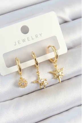 Pirinç Zirkon Taşlı Yıldız Model Gold Renk 3'lü çift Kadın Küpe Set Pirinç Zirkon Taşlı Yıldız Model Gold Renk 3'lü çift Kadın Küpe Set