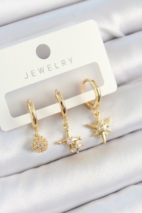 Pirinç Zirkon Taşlı Yıldız Model Gold Renk 3'lü çift Kadın Küpe Set Pirinç Zirkon Taşlı Yıldız Model Gold Renk 3'lü çift Kadın Küpe Set