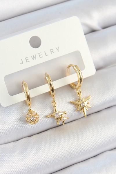 Pirinç Zirkon Taşlı Yıldız Model Gold Renk 3'lü çift Kadın Küpe Set Pirinç Zirkon Taşlı Yıldız Model Gold Renk 3'lü çift Kadın Küpe Set