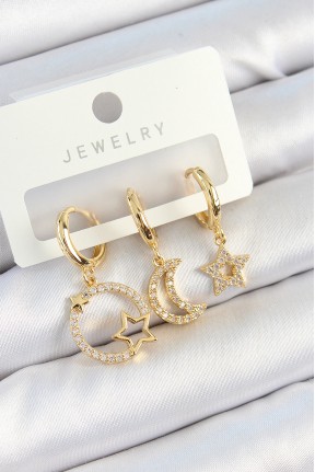 Pirinç Zirkon Taşlı Yıldız Ve Ay Model Gold Renk 3'lü Kadın Küpe Set Pirinç Zirkon Taşlı Yıldız Ve Ay Model Gold Renk 3'lü Kadın Küpe Set
