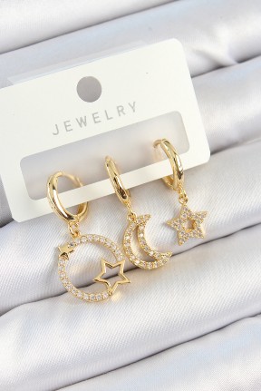 Pirinç Zirkon Taşlı Yıldız Ve Ay Model Gold Renk 3'lü Kadın Küpe Set Pirinç Zirkon Taşlı Yıldız Ve Ay Model Gold Renk 3'lü Kadın Küpe Set