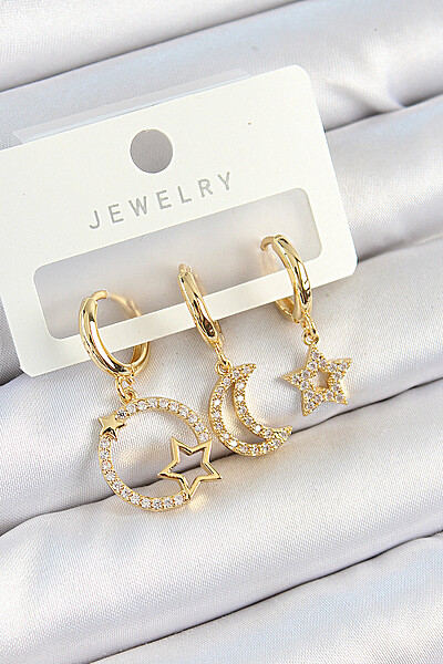 Pirinç Zirkon Taşlı Yıldız Ve Ay Model Gold Renk 3'lü çift Kadın Küpe Set Pirinç Zirkon Taşlı Yıldız Ve Ay Model Gold Renk 3'lü çift Kadın Küpe Set