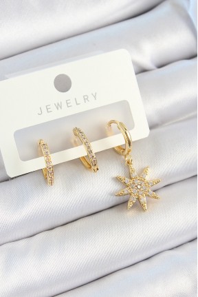 Pirinç Zirkon Taşlı Kutup Yıldızı Model Gold Renk 3'lü çift Kadın Küpe Set Pirinç Zirkon Taşlı Kutup Yıldızı Model Gold Renk 3'lü çift Kadın Küpe Set