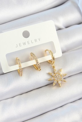Pirinç Zirkon Taşlı Kutup Yıldızı Model Gold Renk 3'lü çift Kadın Küpe Set Pirinç Zirkon Taşlı Kutup Yıldızı Model Gold Renk 3'lü çift Kadın Küpe Set