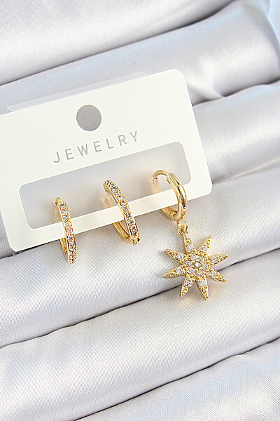 Pirinç Zirkon Taşlı Kutup Yıldızı Model Gold Renk 3'lü çift Kadın Küpe Set Pirinç Zirkon Taşlı Kutup Yıldızı Model Gold Renk 3'lü çift Kadın Küpe Set