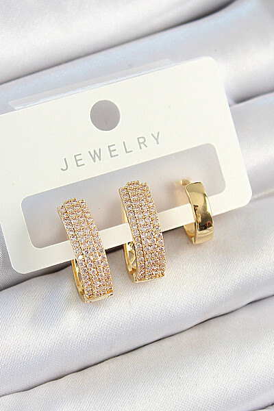 Pirinç Zirkon Taşlı Damla Model Gold Renk 3'lü çift Kadın Küpe Set Pirinç Zirkon Taşlı Damla Model Gold Renk 3'lü çift Kadın Küpe Set