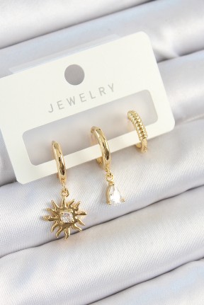Pirinç Zirkon Taşlı Güneş Model Gold Renk 3'lü çift Kadın Küpe Set Pirinç Zirkon Taşlı Güneş Model Gold Renk 3'lü çift Kadın Küpe Set