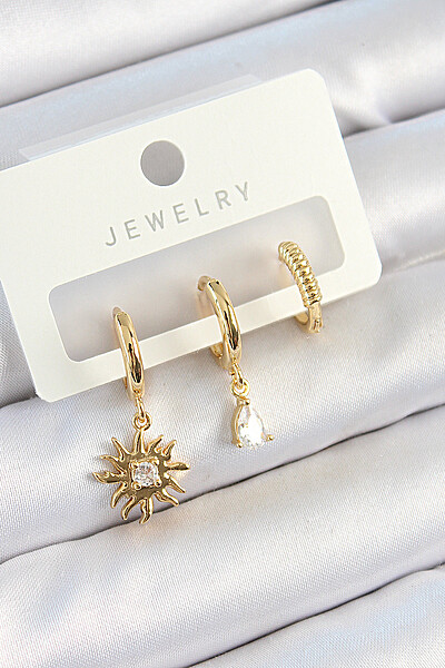 Pirinç Zirkon Taşlı Güneş Model Gold Renk 3'lü çift Kadın Küpe Set Pirinç Zirkon Taşlı Güneş Model Gold Renk 3'lü çift Kadın Küpe Set