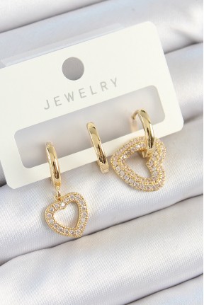 Pirinç Zirkon Taşlı Kalp Model Gold Renk 3'lü çift Kadın Küpe Set Pirinç Zirkon Taşlı Kalp Model Gold Renk 3'lü çift Kadın Küpe Set