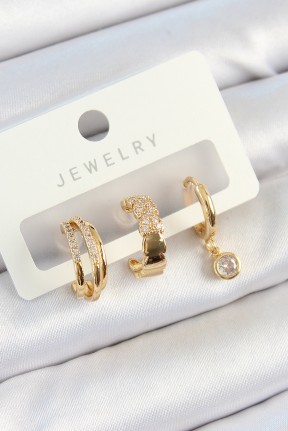 Pirinç Zirkon Taşlı Halka Model Gold Renk 3'lü çift Kadın Küpe Set Pirinç Zirkon Taşlı Halka Model Gold Renk 3'lü çift Kadın Küpe Set