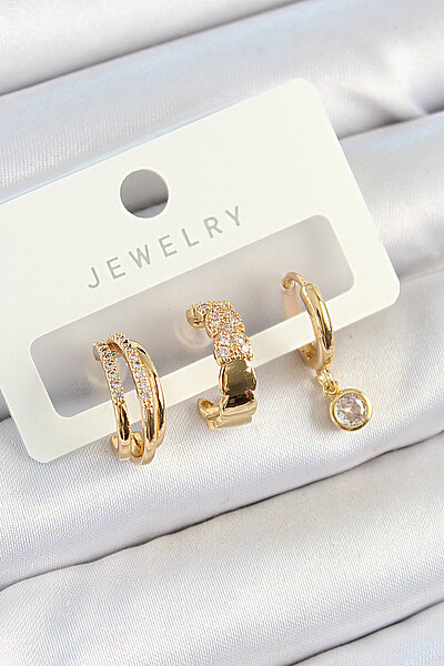 Pirinç Zirkon Taşlı Halka Model Gold Renk 3'lü çift Kadın Küpe Set Pirinç Zirkon Taşlı Halka Model Gold Renk 3'lü çift Kadın Küpe Set