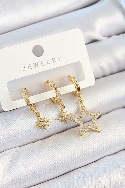 Pirinç Zirkon Taşlı Yıldız Model Gold Renk 3'lü çift Kadın Küpe Set Pirinç Zirkon Taşlı Yıldız Model Gold Renk 3'lü çift Kadın Küpe Set