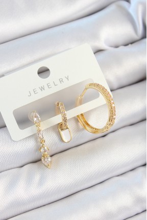 Pirinç Zirkon Taşlı Sallantılı Model Gold Renk 3'lü çift Kadın Küpe Set Pirinç Zirkon Taşlı Sallantılı Model Gold Renk 3'lü çift Kadın Küpe Set