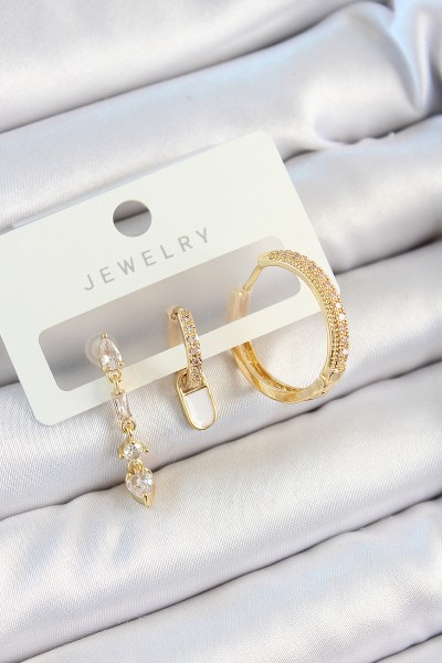 Pirinç Zirkon Taşlı Sallantılı Model Gold Renk 3'lü çift Kadın Küpe Set Pirinç Zirkon Taşlı Sallantılı Model Gold Renk 3'lü çift Kadın Küpe Set