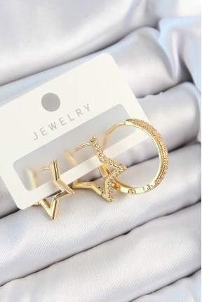 Pirinç Zirkon Taşlı Yıldız Ve Halka Model Gold Renk 3'lü çift Kadın Küpe Set Pirinç Zirkon Taşlı Yıldız Ve Halka Model Gold Renk 3'lü çift Kadın Küpe Set