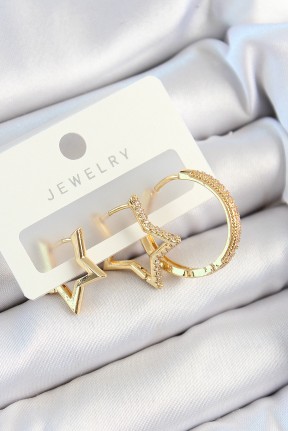 Pirinç Zirkon Taşlı Yıldız Ve Halka Model Gold Renk 3'lü çift Kadın Küpe Set Pirinç Zirkon Taşlı Yıldız Ve Halka Model Gold Renk 3'lü çift Kadın Küpe Set