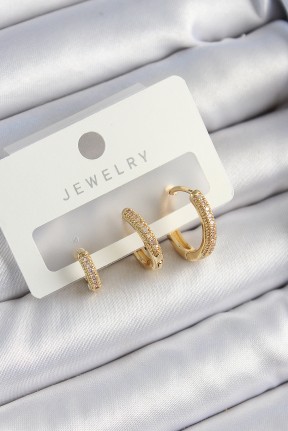 Pirinç Zirkon Taşlı Halka Model Gold Renk 3'lü çift Kadın Küpe Set Pirinç Zirkon Taşlı Halka Model Gold Renk 3'lü çift Kadın Küpe Set