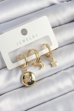 Pirinç Zirkon Taşlı Yıldız Ve Ay Model Gold Renk 3'lü çift Kadın Küpe Set Pirinç Zirkon Taşlı Yıldız Ve Ay Model Gold Renk 3'lü çift Kadın Küpe Set