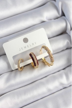 Pirinç Zirkon Taşlı Bordo Halka Model Gold Renk 3'lü çift Kadın Küpe Set Pirinç Zirkon Taşlı Bordo Halka Model Gold Renk 3'lü çift Kadın Küpe Set