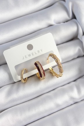 Pirinç Zirkon Taşlı Bordo Halka Model Gold Renk 3'lü çift Kadın Küpe Set Pirinç Zirkon Taşlı Bordo Halka Model Gold Renk 3'lü çift Kadın Küpe Set