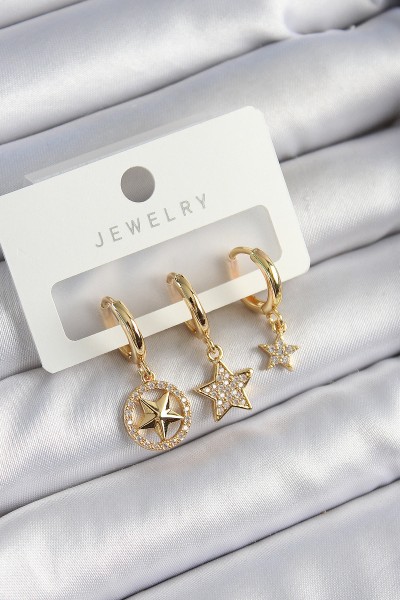 Pirinç Zirkon Taşlı Yıldız Model Gold Renk 3'lü çift Kadın Küpe Set Pirinç Zirkon Taşlı Yıldız Model Gold Renk 3'lü çift Kadın Küpe Set