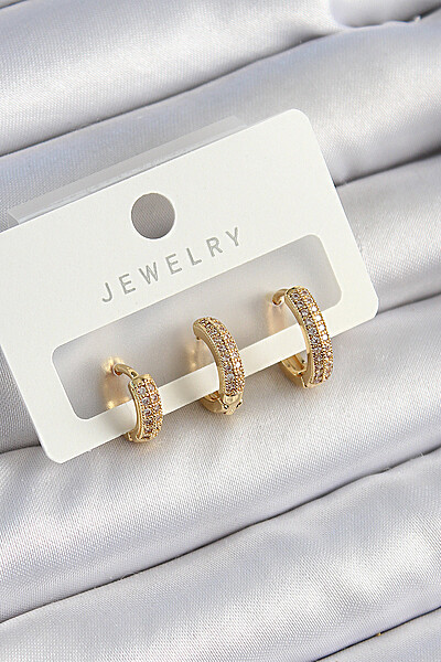 Pirinç Zirkon Taşlı Yıldız Model Gold Renk 3'lü çift Kadın Küpe Set Pirinç Zirkon Taşlı Yıldız Model Gold Renk 3'lü çift Kadın Küpe Set