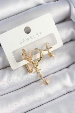 Pirinç Zirkon Taşlı Yıldız Model Gold Renk 3'lü çift Kadın Küpe Set Pirinç Zirkon Taşlı Yıldız Model Gold Renk 3'lü çift Kadın Küpe Set