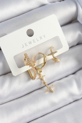 Pirinç Zirkon Taşlı Yıldız Model Gold Renk 3'lü çift Kadın Küpe Set Pirinç Zirkon Taşlı Yıldız Model Gold Renk 3'lü çift Kadın Küpe Set