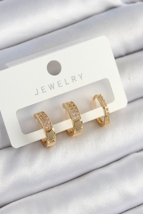 Pirinç Zirkon Taşlı Halka Model Gold Renk 3'lü çift Kadın Küpe Set Pirinç Zirkon Taşlı Halka Model Gold Renk 3'lü çift Kadın Küpe Set