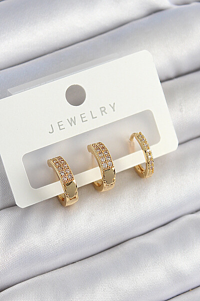 Pirinç Zirkon Taşlı Halka Model Gold Renk 3'lü çift Kadın Küpe Set Pirinç Zirkon Taşlı Halka Model Gold Renk 3'lü çift Kadın Küpe Set