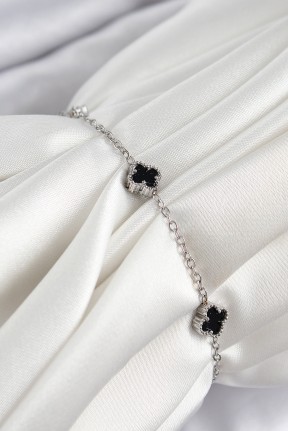 316l çelik Siyah Sedef Yonca Model Gümüş Renk Kadın Bileklik