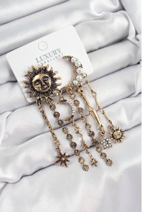 Pirinç Zirkon Taşlı Güneş Ve Ay Figürlü Eskitme Model Sallantılı Küpe