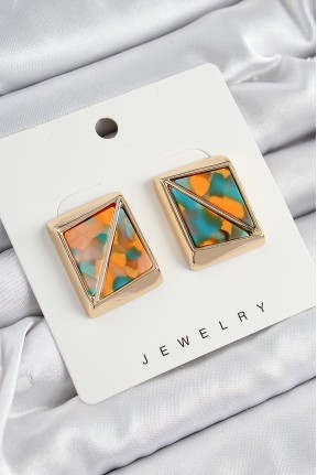 Pirinç  Turuncu Yeşil üçgen Kesim Detaylı Kare Model Vintage Gold Renk Kadın Küpe